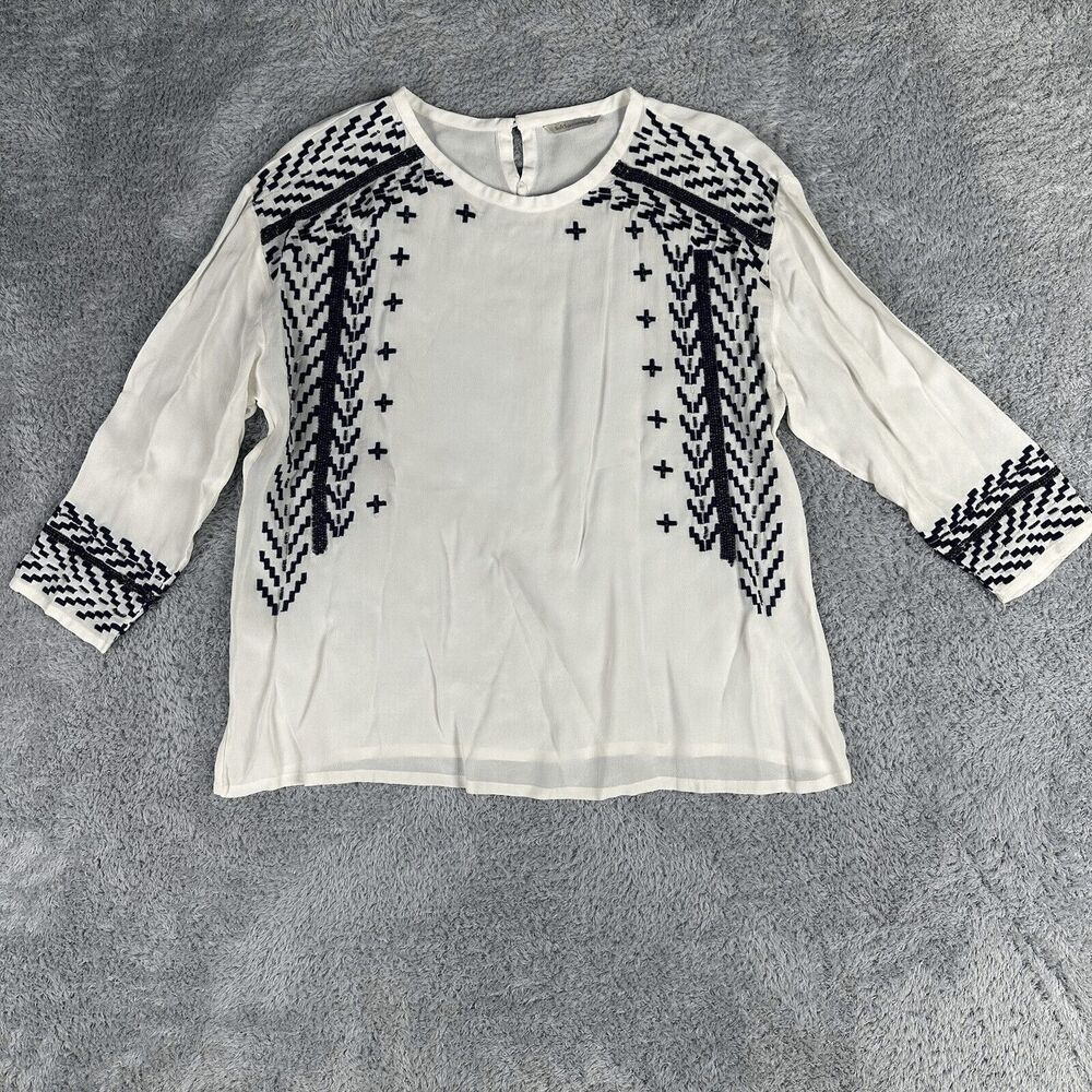 Soft Surroundings Women's Embroidered Beaded Blouse XL Cream Navy Long Sleeve